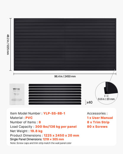 Slat Wall Paneling, 8 x 4 ft, PVC Garage Slatwall with Modular Design, Black Slat Wall Easy-to-Install Adjustable Slatwall Panel with Coupling Structure & DIY Cutting, Fits for Storage & Display