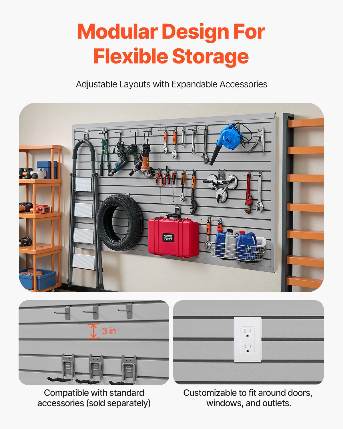 Slat Wall Paneling, 8 x 4 ft, PVC Garage Slatwall with Accessories, Grey Slat Wall Easy-to-Install Adjustable Slatwall Panel with Coupling Structure & DIY Cutting, Fits for Storage & Display