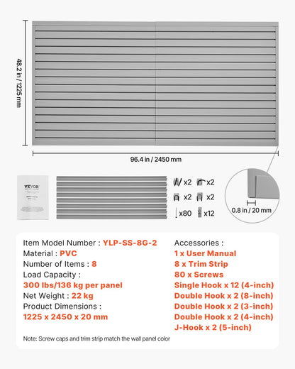 Slat Wall Paneling, 8 x 4 ft, PVC Garage Slatwall with Accessories, Grey Slat Wall Easy-to-Install Adjustable Slatwall Panel with Coupling Structure & DIY Cutting, Fits for Storage & Display