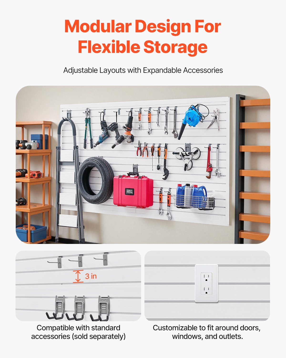 Slat Wall Paneling, 8 x 4 ft, PVC Garage Slatwall with Accessories, White Slat Wall Easy-to-Install Adjustable Slatwall Panel with Coupling Structure & DIY Cutting, Fits for Storage & Display