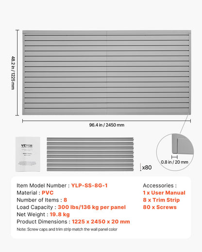Slat Wall Paneling, 8 x 4 ft, PVC Garage Slatwall with Modular Design, Grey Slat Wall Easy-to-Install Adjustable Slatwall Panel with Coupling Structure & DIY Cutting, Fits for Storage & Display
