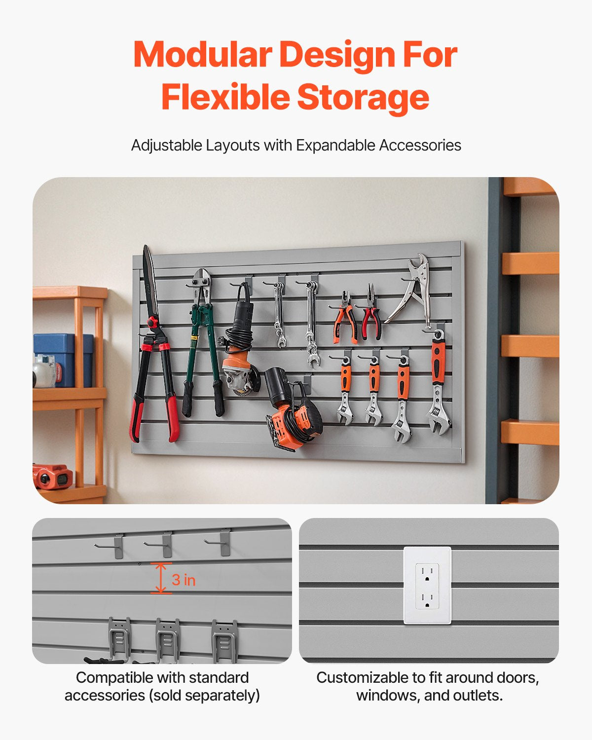 Slat Wall Paneling, 2 x 4 ft, PVC Garage Slatwall with Modular Design, Grey Slat Wall Easy-to-Install Adjustable Slatwall Panel with Coupling Structure & DIY Cutting, Fits for Storage & Display