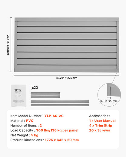 Slat Wall Paneling, 2 x 4 ft, PVC Garage Slatwall with Modular Design, Grey Slat Wall Easy-to-Install Adjustable Slatwall Panel with Coupling Structure & DIY Cutting, Fits for Storage & Display