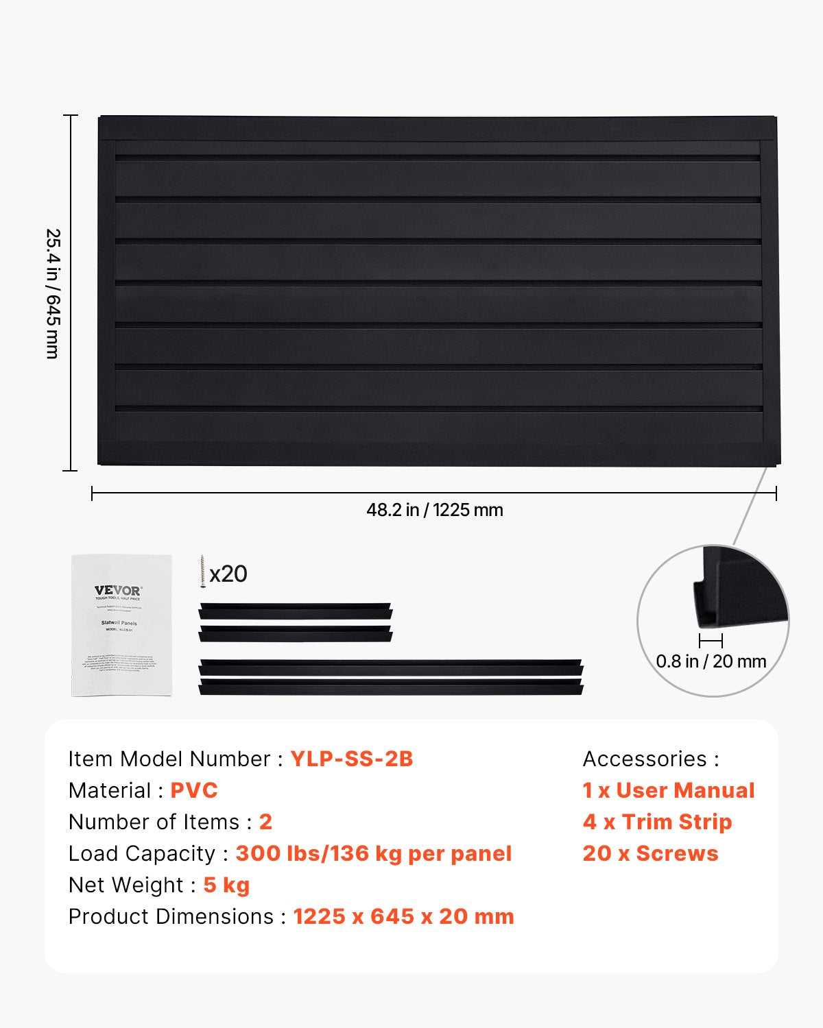 Slat Wall Paneling, 2 x 4 ft, PVC Garage Slatwall with Modular Design, Black Slat Wall Easy-to-Install Adjustable Slatwall Panel with Coupling Structure & DIY Cutting, Fits for Storage & Display