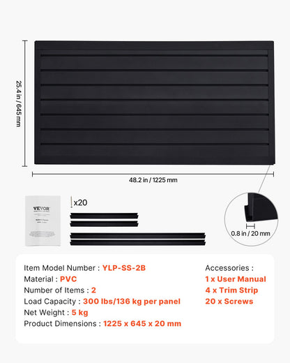 Slat Wall Paneling, 2 x 4 ft, PVC Garage Slatwall with Modular Design, Black Slat Wall Easy-to-Install Adjustable Slatwall Panel with Coupling Structure & DIY Cutting, Fits for Storage & Display
