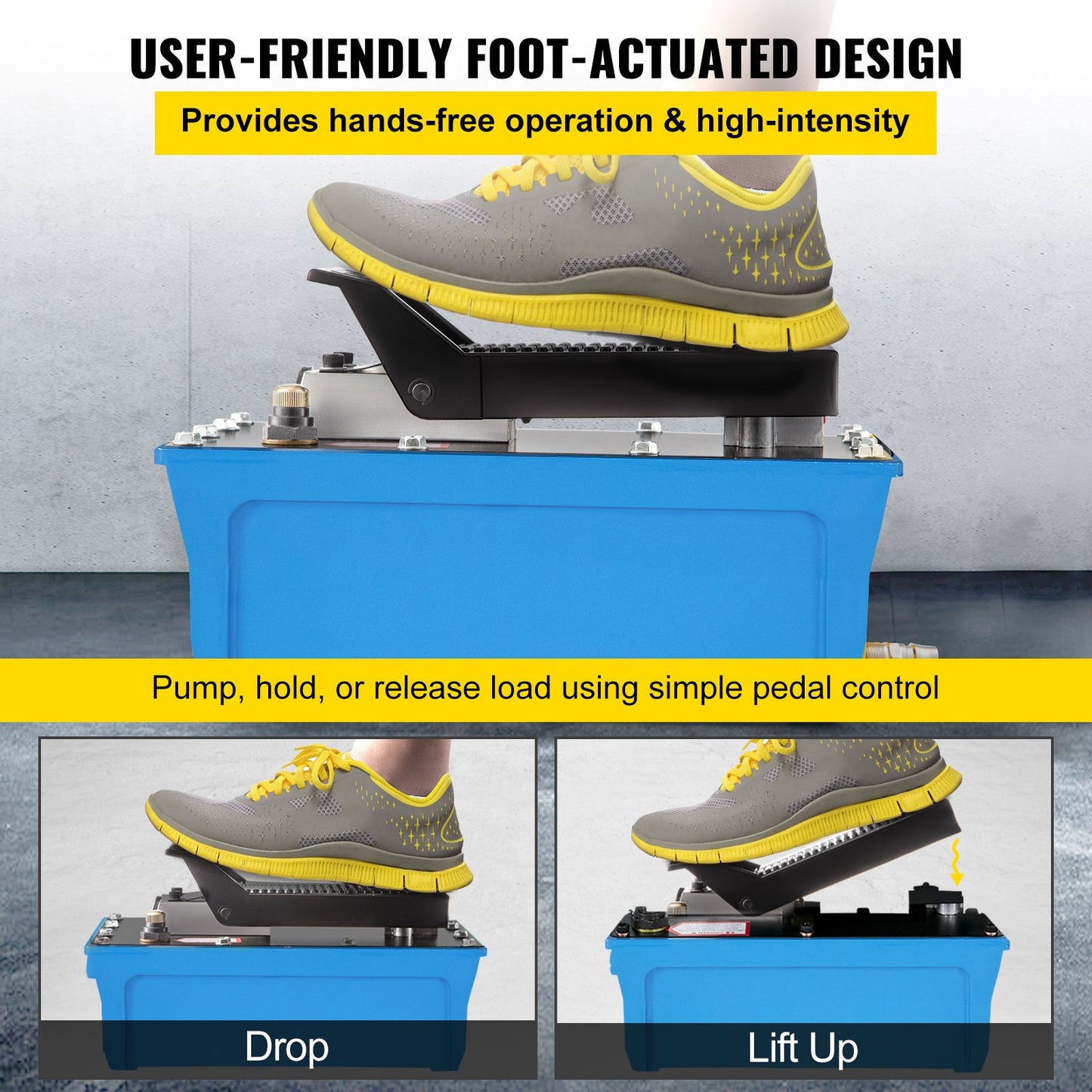 Air Hydraulic Pump 10000 PSI Air Over Hydraulic Pump 1/2 Gal Reservoir Air Treadle Foot Actuated Hydraulic Pump 3/8" NPT with 6.56 ft Hose 2 Connector Single Acting for Car Repair (Blue)