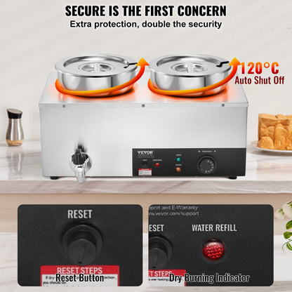 Electric Soup Warmer, Dual 7.4QT Stainless Steel Round Pot, 1200W Commercial Food Warmer, 86~185°F Adjustable Temp, Bain Marie with Anti-Dry Burn and Reset Button, for Restaurant, Buffet