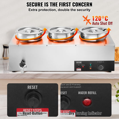 Electric Soup Warmer, Three 7.4QT Stainless Steel Round Pot, 1200W Commercial Food Warmer, 86~185°F Adjustable Temp, Bain Marie with Anti-Dry Burn and Reset Button, for Restaurant, Buffet