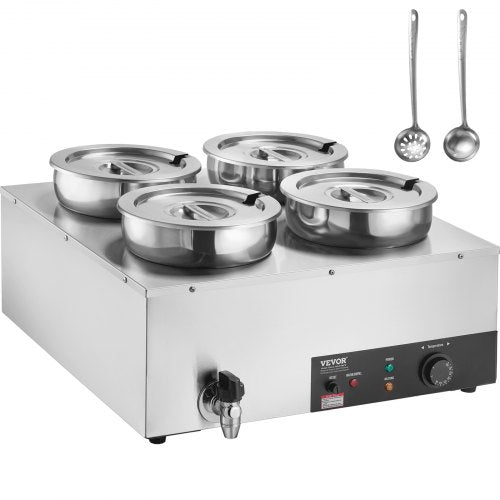 Electric Soup Warmer, Four 7.4QT Stainless Steel Round Pot, 1500W Commercial Food Warmer, 86~185°F Adjustable Temp, Bain Marie with Anti-Dry Burn and Reset Button, for Restaurant, Buffet