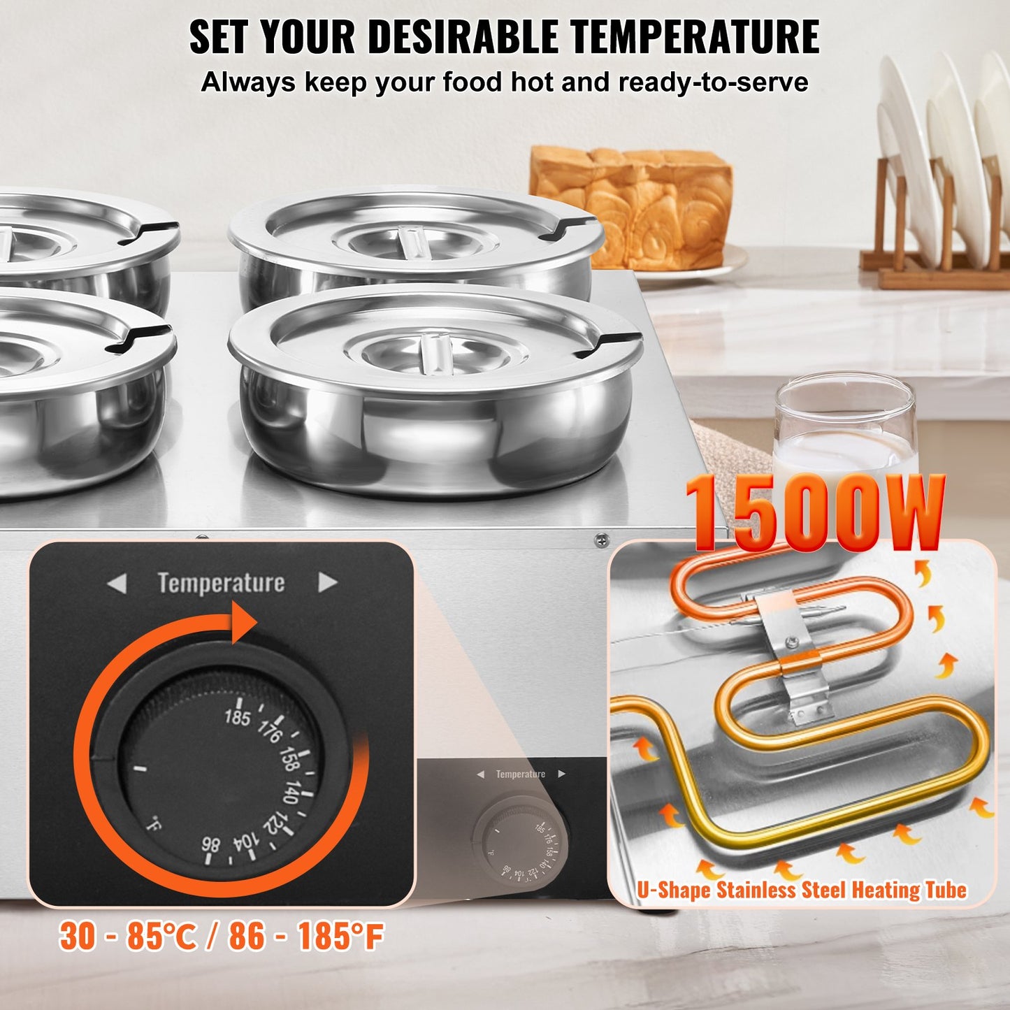Electric Soup Warmer, Four 7.4QT Stainless Steel Round Pot, 1500W Commercial Food Warmer, 86~185°F Adjustable Temp, Bain Marie with Anti-Dry Burn and Reset Button, for Restaurant, Buffet