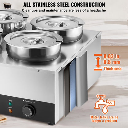 Electric Soup Warmer, Four 7.4QT Stainless Steel Round Pot, 1500W Commercial Food Warmer, 86~185°F Adjustable Temp, Bain Marie with Anti-Dry Burn and Reset Button, for Restaurant, Buffet