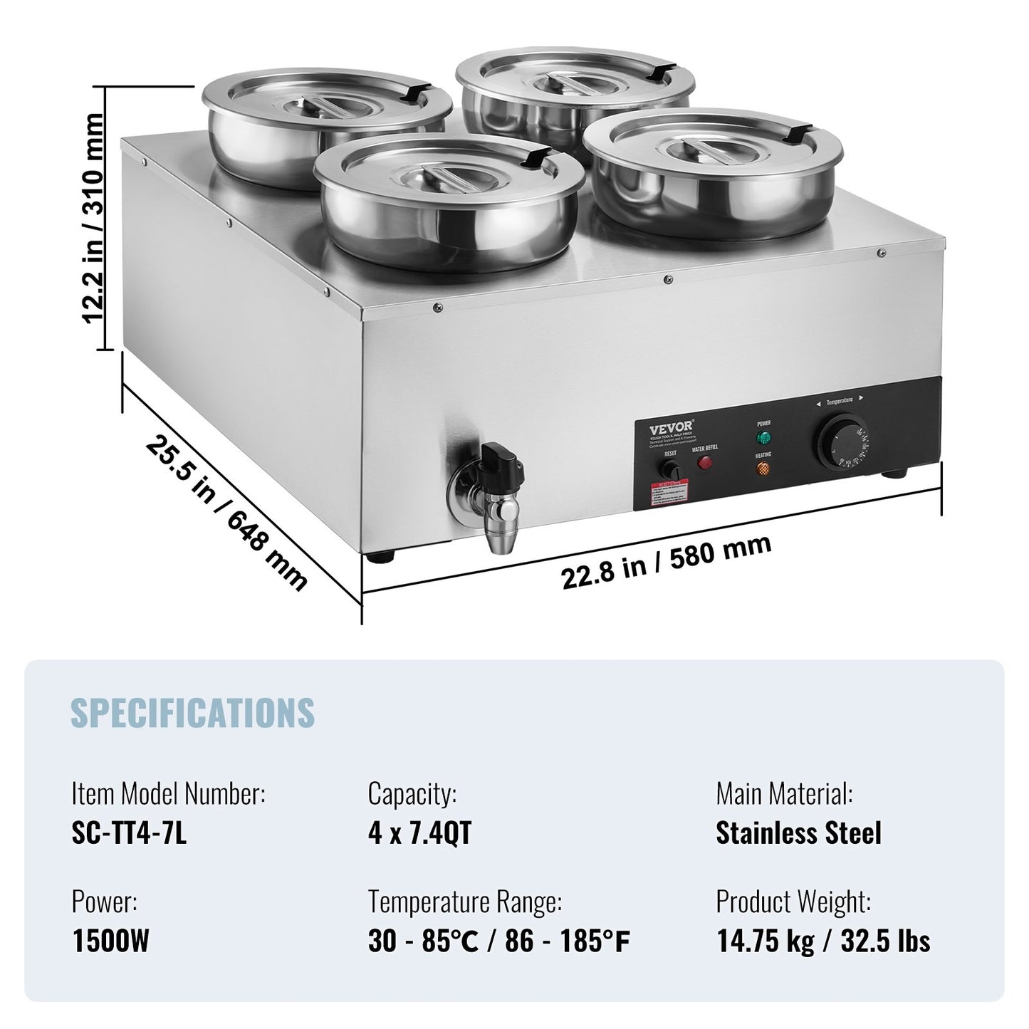 Electric Soup Warmer, Four 7.4QT Stainless Steel Round Pot, 1500W Commercial Food Warmer, 86~185°F Adjustable Temp, Bain Marie with Anti-Dry Burn and Reset Button, for Restaurant, Buffet