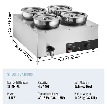 Electric Soup Warmer, Four 7.4QT Stainless Steel Round Pot, 1500W Commercial Food Warmer, 86~185°F Adjustable Temp, Bain Marie with Anti-Dry Burn and Reset Button, for Restaurant, Buffet