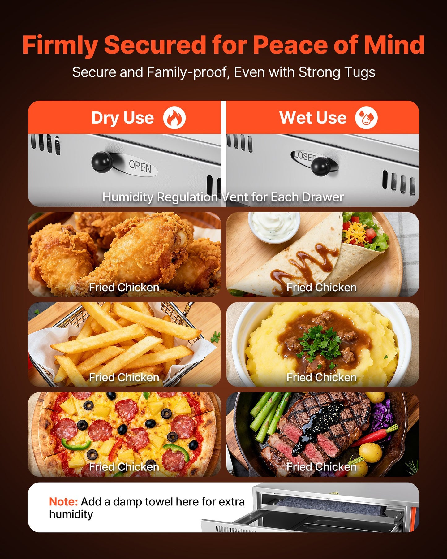 Commercial Electric Drawer Warmer, Single-Drawer Stainless Steel Food Warmer, Freestanding Standard Warming Drawer Cabinet, 85°F–185°F Wide Temperature Range, for Restaurant, Hotel & Bakery