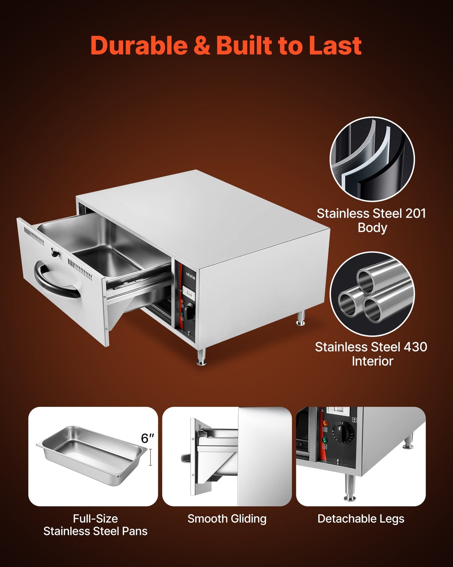 Commercial Electric Drawer Warmer, Single-Drawer Stainless Steel Food Warmer, Freestanding Standard Warming Drawer Cabinet, 85°F–185°F Wide Temperature Range, for Restaurant, Hotel & Bakery