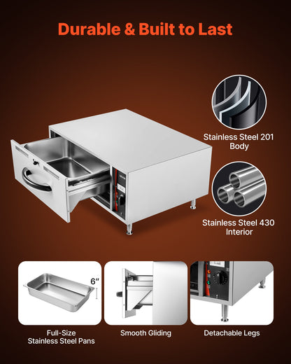 Commercial Electric Drawer Warmer, Single-Drawer Stainless Steel Food Warmer, Freestanding Standard Warming Drawer Cabinet, 85°F–185°F Wide Temperature Range, for Restaurant, Hotel & Bakery