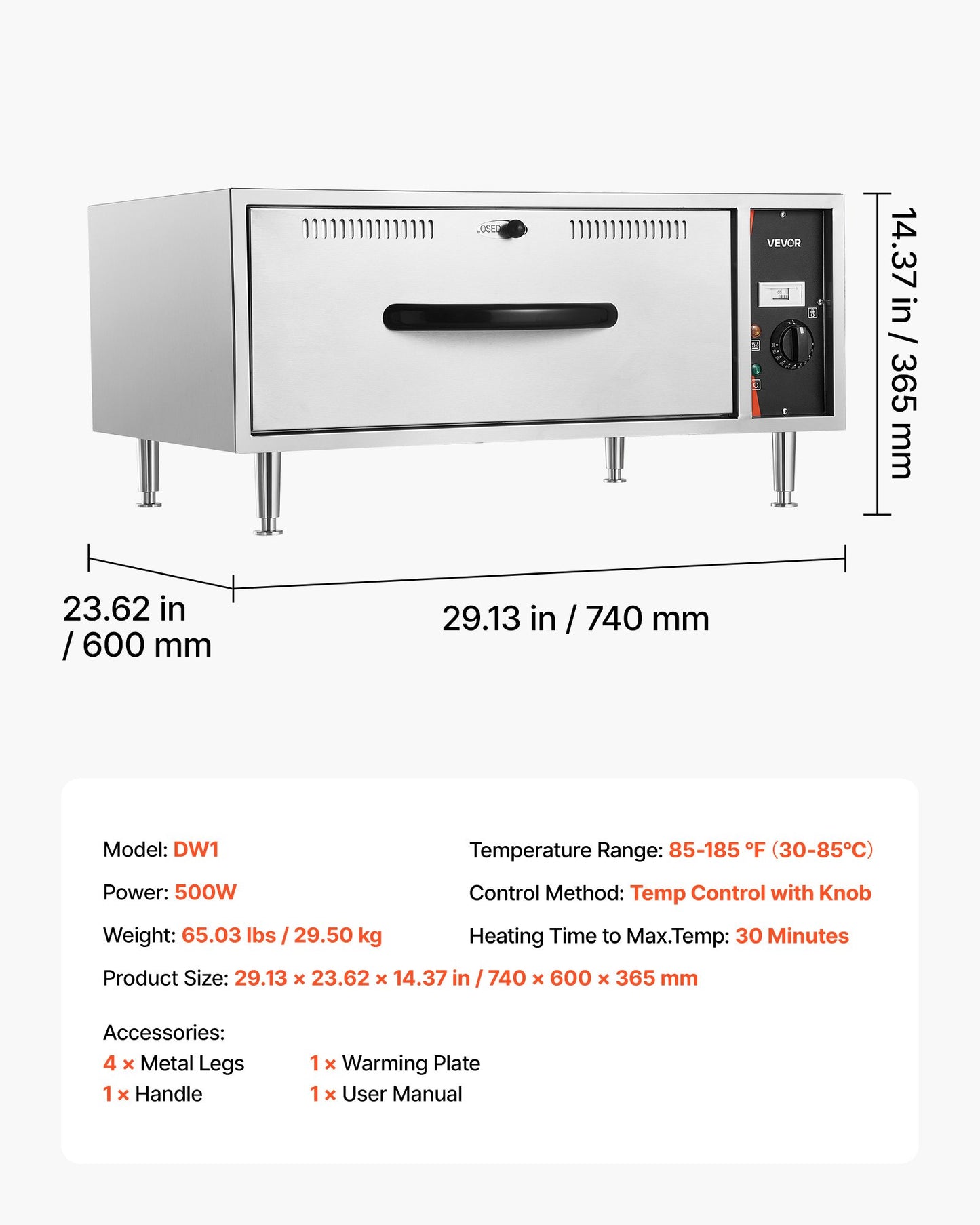 Commercial Electric Drawer Warmer, Single-Drawer Stainless Steel Food Warmer, Freestanding Standard Warming Drawer Cabinet, 85°F–185°F Wide Temperature Range, for Restaurant, Hotel & Bakery