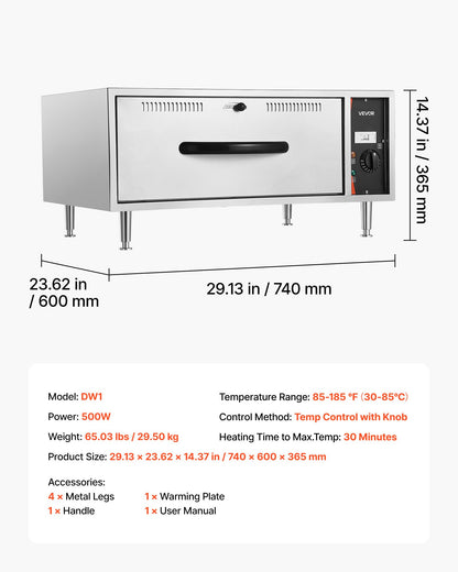 Commercial Electric Drawer Warmer, Single-Drawer Stainless Steel Food Warmer, Freestanding Standard Warming Drawer Cabinet, 85°F–185°F Wide Temperature Range, for Restaurant, Hotel & Bakery