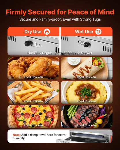 Commercial Electric Drawer Warmer, Two-Drawer Stainless Steel Food Warmer, Freestanding Standard Warming Drawer Cabinet, 85°F–185°F Wide Temperature Range, for Restaurant, Hotel Buffet & Bakery