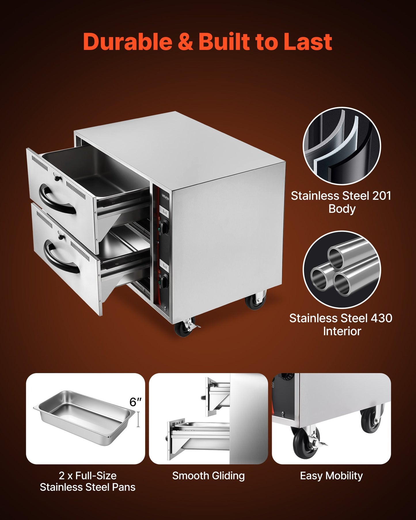 Commercial Electric Drawer Warmer, Two-Drawer Stainless Steel Food Warmer, Freestanding Standard Warming Drawer Cabinet, 85°F–185°F Wide Temperature Range, for Restaurant, Hotel Buffet & Bakery