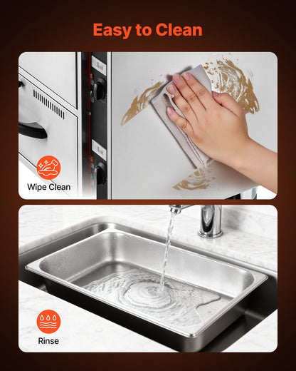 Commercial Electric Drawer Warmer, Two-Drawer Stainless Steel Food Warmer, Freestanding Standard Warming Drawer Cabinet, 85°F–185°F Wide Temperature Range, for Restaurant, Hotel Buffet & Bakery