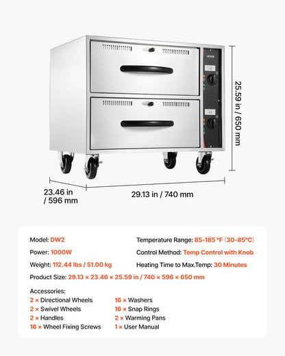Commercial Electric Drawer Warmer, Two-Drawer Stainless Steel Food Warmer, Freestanding Standard Warming Drawer Cabinet, 85°F–185°F Wide Temperature Range, for Restaurant, Hotel Buffet & Bakery