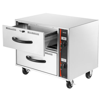 Commercial Electric Drawer Warmer, Two-Drawer Stainless Steel Food Warmer, Freestanding Standard Warming Drawer Cabinet, 85°F–185°F Wide Temperature Range, for Restaurant, Hotel Buffet & Bakery