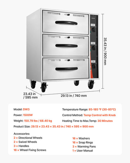 Commercial Electric Drawer Warmer, Three-Drawer Stainless Steel Food Warmer, Freestanding Standard Warming Drawer Cabinet, 85°F–185°F Wide Temperature Range, for Restaurant, Hotel Buffet, Bakery
