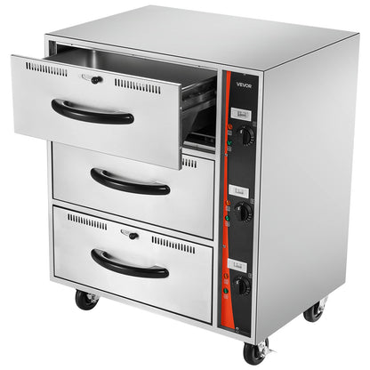 Commercial Electric Drawer Warmer, Three-Drawer Stainless Steel Food Warmer, Freestanding Standard Warming Drawer Cabinet, 85°F–185°F Wide Temperature Range, for Restaurant, Hotel Buffet, Bakery