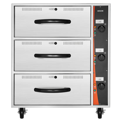 Commercial Electric Drawer Warmer, Three-Drawer Stainless Steel Food Warmer, Freestanding Standard Warming Drawer Cabinet, 85°F–185°F Wide Temperature Range, for Restaurant, Hotel Buffet, Bakery