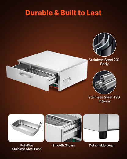 Commercial Electric Drawer Warmer, Single-Drawer Stainless Steel Food Warmer, Freestanding Compact Warming Drawer Cabinet, 85°F–185°F Wide Temperature Range, for Restaurant, Hotel & Bakery