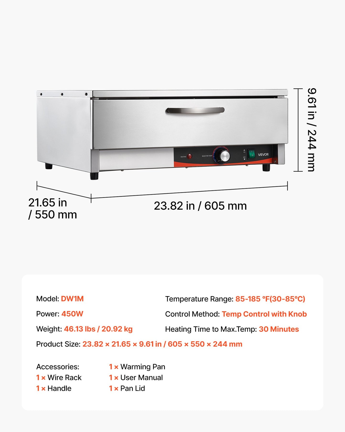 Commercial Electric Drawer Warmer, Single-Drawer Stainless Steel Food Warmer, Freestanding Compact Warming Drawer Cabinet, 85°F–185°F Wide Temperature Range, for Restaurant, Hotel & Bakery