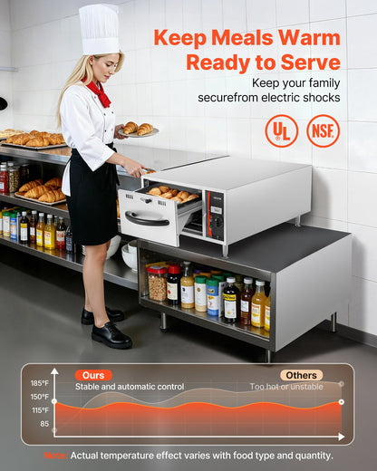 Commercial Electric Drawer Warmer, Single-Drawer Stainless Steel Food Warmer, Freestanding Slim Warming Drawer Cabinet, 85°F–185°F Wide Temperature Range, for Restaurant, Hotel, Bakery & Kitchen