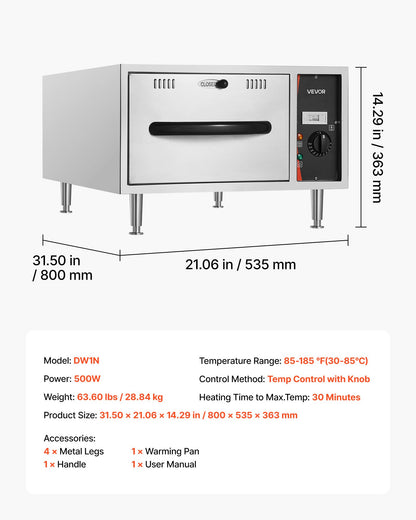 Commercial Electric Drawer Warmer, Single-Drawer Stainless Steel Food Warmer, Freestanding Slim Warming Drawer Cabinet, 85°F–185°F Wide Temperature Range, for Restaurant, Hotel, Bakery & Kitchen