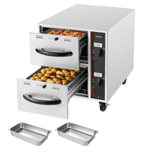 Commercial Electric Drawer Warmer, 2 Full-Size Pan Stainless Steel Food Warmer, Freestanding Standard Warming Drawer Cabinet, 85°F–185°F Wide Temperature Range, for Restaurant, Hotel Buffet & Bakery