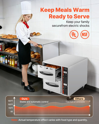 Commercial Electric Drawer Warmer, 2 Full-Size Pan Stainless Steel Food Warmer, Freestanding Standard Warming Drawer Cabinet, 85°F–185°F Wide Temperature Range, for Restaurant, Hotel Buffet & Bakery