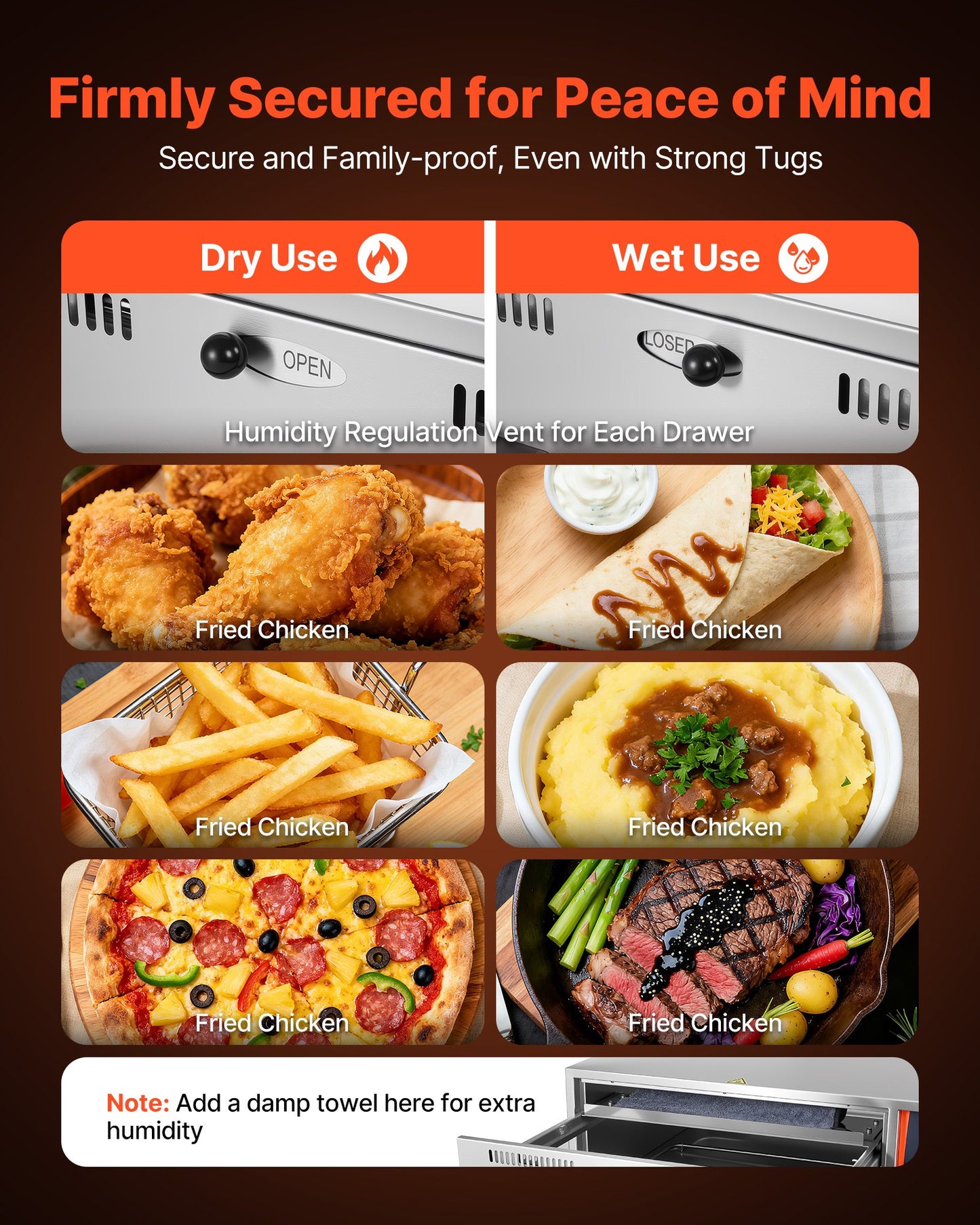 Commercial Electric Drawer Warmer, 2 Full-Size Pan Stainless Steel Food Warmer, Freestanding Standard Warming Drawer Cabinet, 85°F–185°F Wide Temperature Range, for Restaurant, Hotel Buffet & Bakery