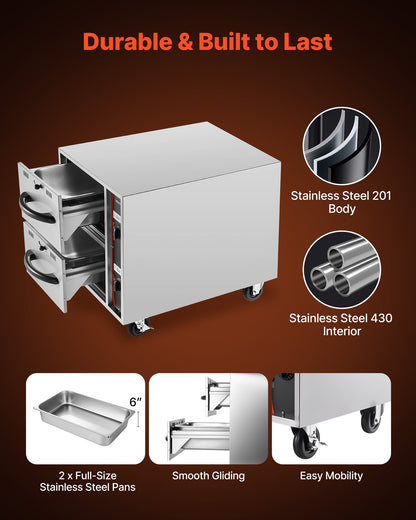 Commercial Electric Drawer Warmer, 2 Full-Size Pan Stainless Steel Food Warmer, Freestanding Standard Warming Drawer Cabinet, 85°F–185°F Wide Temperature Range, for Restaurant, Hotel Buffet & Bakery