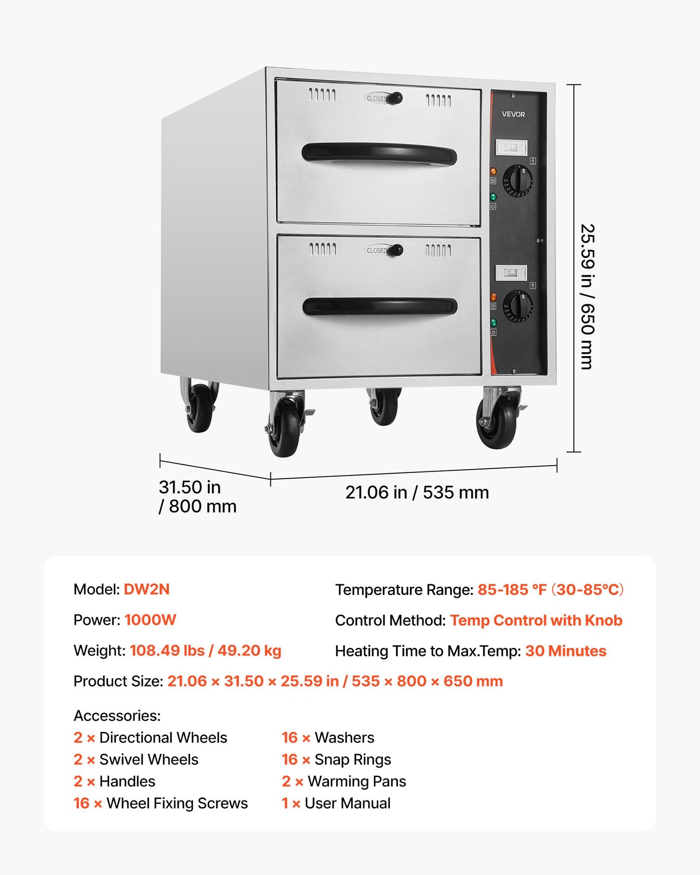 Commercial Electric Drawer Warmer, 2 Full-Size Pan Stainless Steel Food Warmer, Freestanding Standard Warming Drawer Cabinet, 85°F–185°F Wide Temperature Range, for Restaurant, Hotel Buffet & Bakery