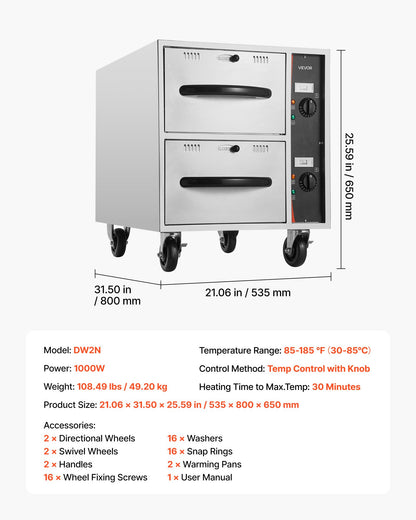 Commercial Electric Drawer Warmer, 2 Full-Size Pan Stainless Steel Food Warmer, Freestanding Standard Warming Drawer Cabinet, 85°F–185°F Wide Temperature Range, for Restaurant, Hotel Buffet & Bakery