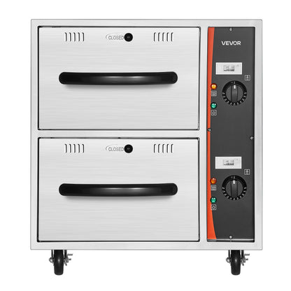 Commercial Electric Drawer Warmer, 2 Full-Size Pan Stainless Steel Food Warmer, Freestanding Standard Warming Drawer Cabinet, 85°F–185°F Wide Temperature Range, for Restaurant, Hotel Buffet & Bakery