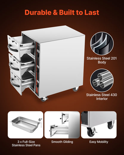 Commercial Electric Drawer Warmer, Three-Drawer Stainless Steel Food Warmer, Freestanding Compact Warming Drawer Cabinet, 85°F–185°F Wide Temperature Range, for Restaurant, Hotel Buffet & Bakery