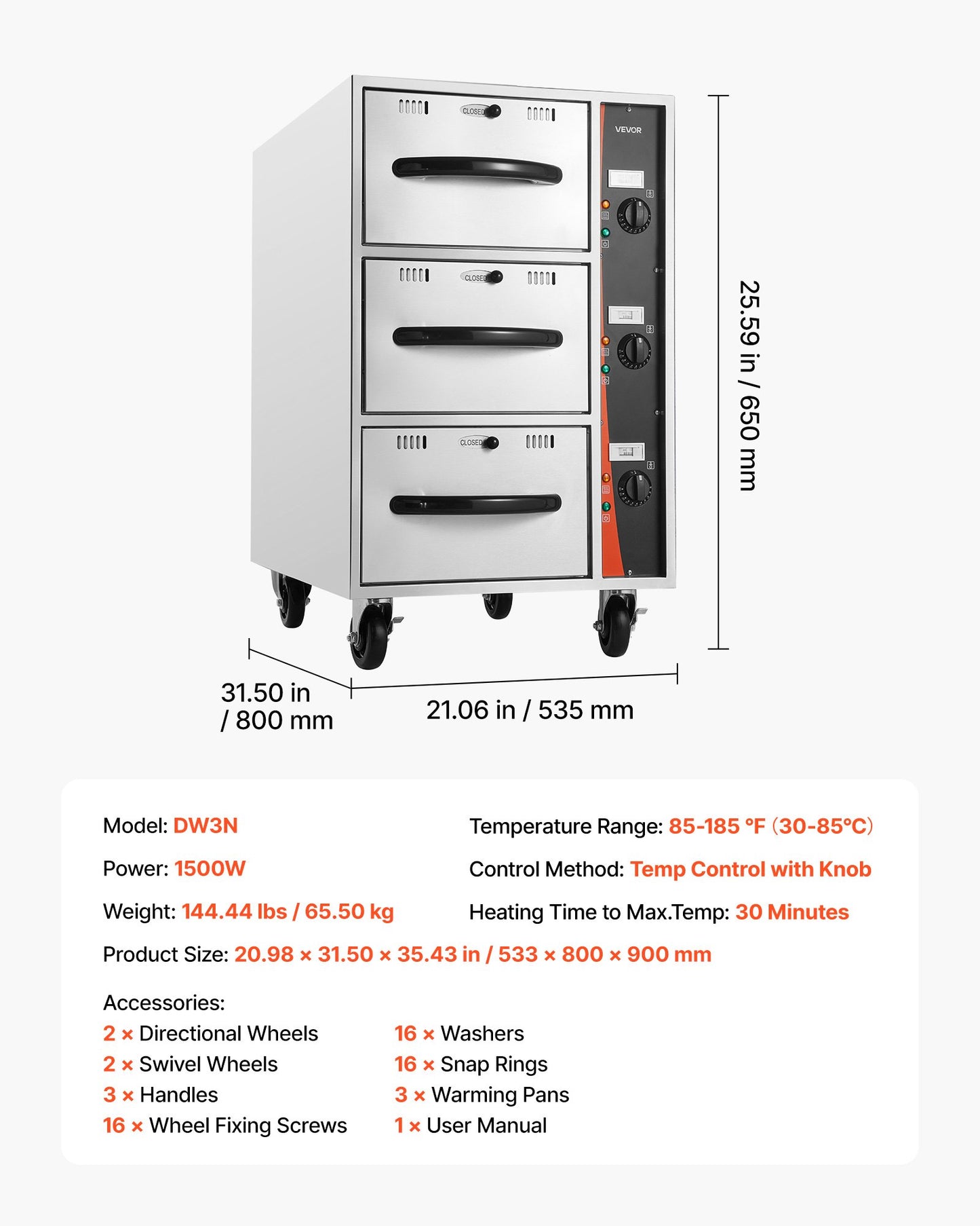 Commercial Electric Drawer Warmer, Three-Drawer Stainless Steel Food Warmer, Freestanding Compact Warming Drawer Cabinet, 85°F–185°F Wide Temperature Range, for Restaurant, Hotel Buffet & Bakery
