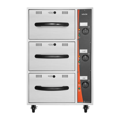 Commercial Electric Drawer Warmer, Three-Drawer Stainless Steel Food Warmer, Freestanding Compact Warming Drawer Cabinet, 85°F–185°F Wide Temperature Range, for Restaurant, Hotel Buffet & Bakery