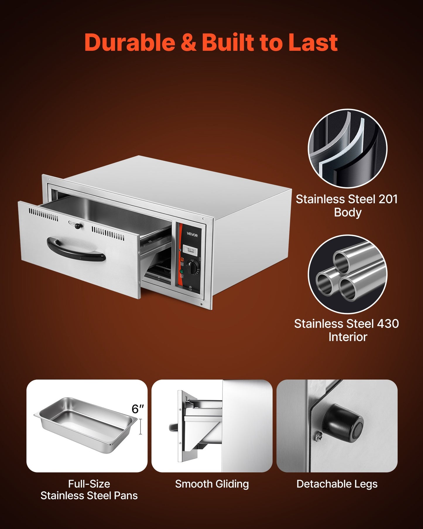 Commercial Electric Drawer Warmer, Single-Drawer Stainless Steel Food Warmer, Built-in Installation Warming Drawer Cabinet, 85°F–185°F Wide Temperature Range, for Restaurant, Hotel & Bakery