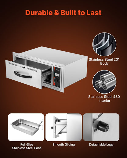 Commercial Electric Drawer Warmer, Single-Drawer Stainless Steel Food Warmer, Built-in Installation Warming Drawer Cabinet, 85°F–185°F Wide Temperature Range, for Restaurant, Hotel & Bakery