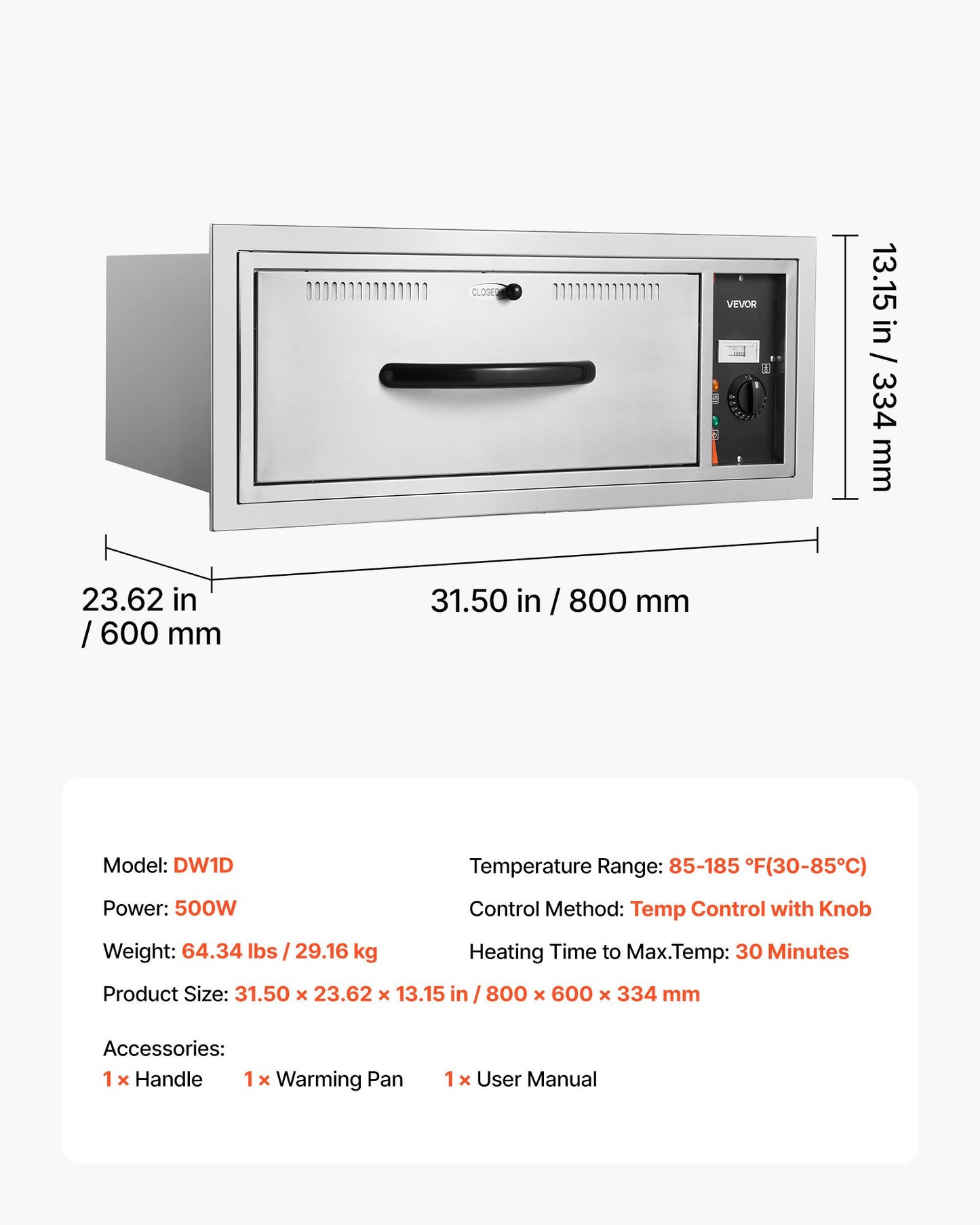 Commercial Electric Drawer Warmer, Single-Drawer Stainless Steel Food Warmer, Built-in Installation Warming Drawer Cabinet, 85°F–185°F Wide Temperature Range, for Restaurant, Hotel & Bakery