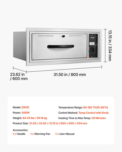 Commercial Electric Drawer Warmer, Single-Drawer Stainless Steel Food Warmer, Built-in Installation Warming Drawer Cabinet, 85°F–185°F Wide Temperature Range, for Restaurant, Hotel & Bakery