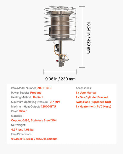 Propane Tank Top Heater, 42000 BTU Rapid Heating 360-Degree Infrared Radiant Tank Top Gas Heater, Stepless Temperature Adjustment for Ice Fishing/ Hunting/Outdoor Work, Single Burner