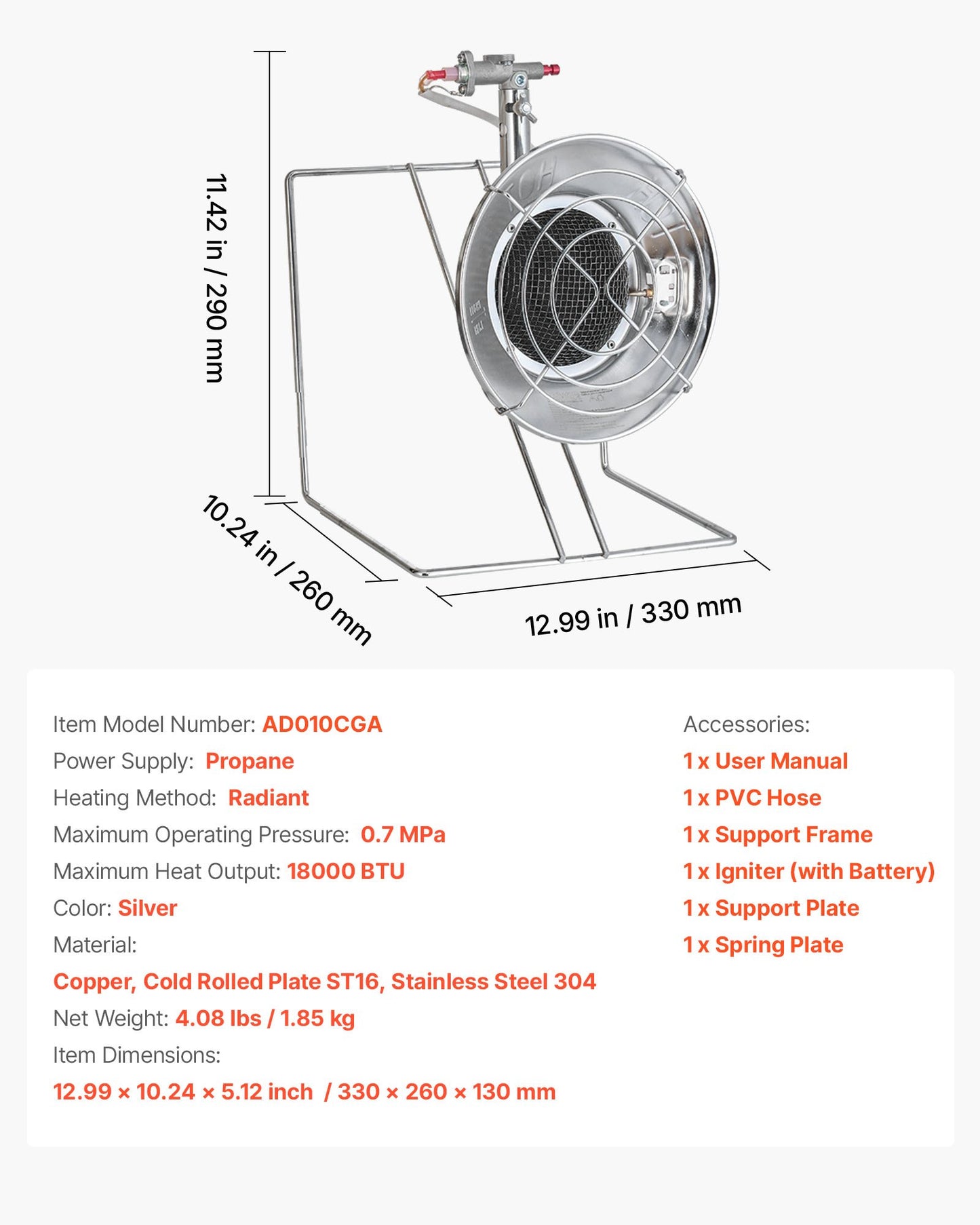 Propane Tank Top Heater, for 1lb Small Tanks and 5-40lb Large Tanks, 18000 BTU Rapid Heating 180-Degree Infrared Radiant Tank Top Gas Heater,3 Heat Settings for Ice Fishing,Single Burner